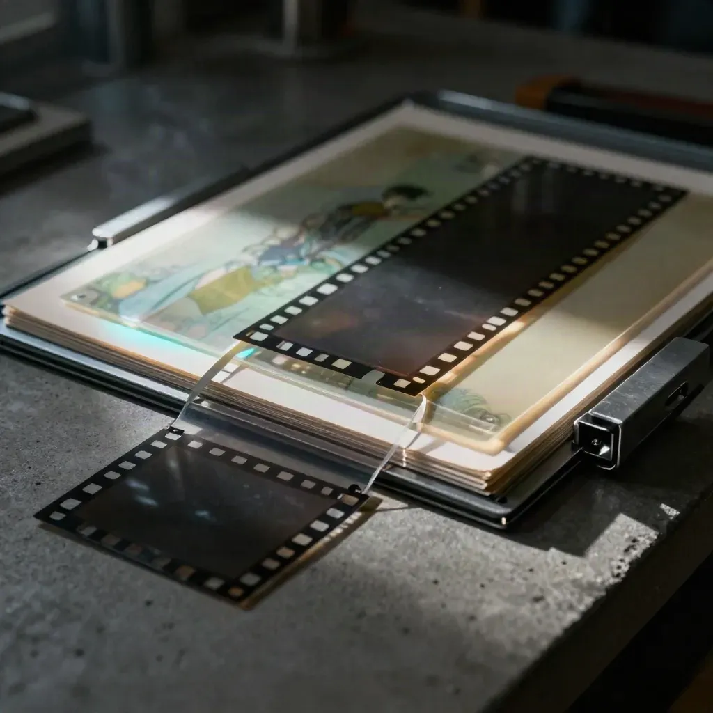 Translucent acetate frames and reflective film frozen over a cyan-lit lightbox.