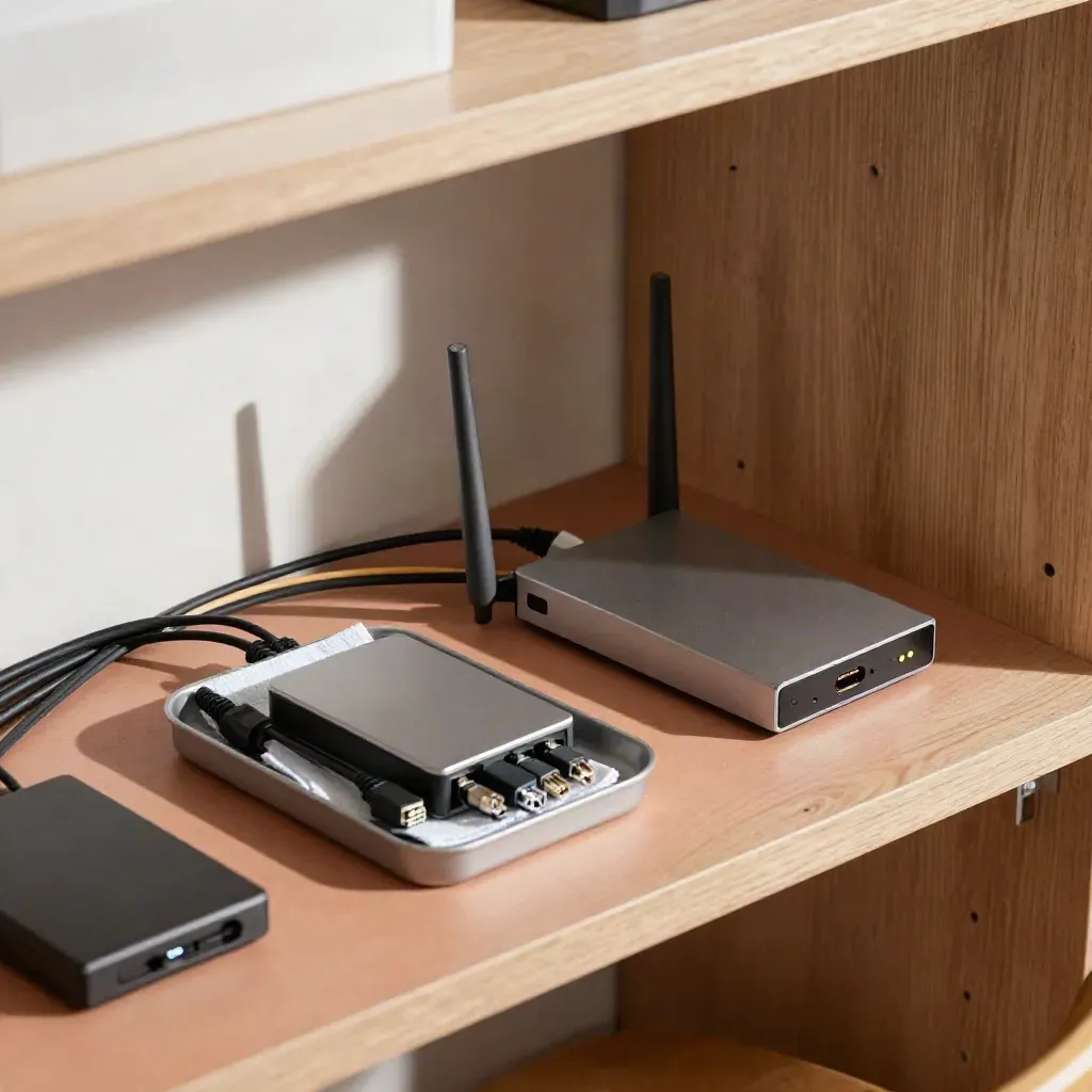 Patch cables, router, external drive, and maintenance tray on a warm studio shelf.