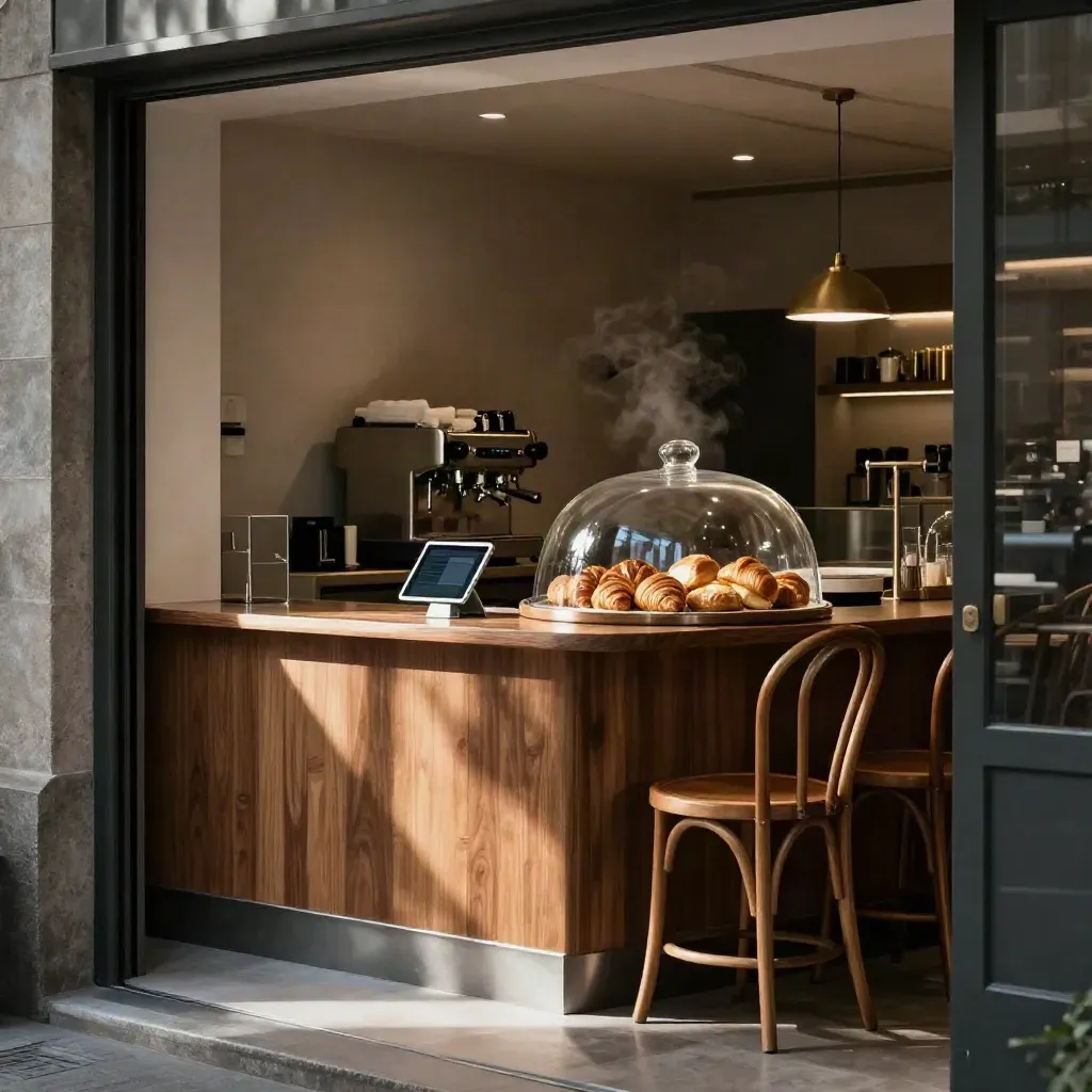 Refurbished coffee shop counter with pastry dome, tablet dock, aligned chairs, and warm steam.
