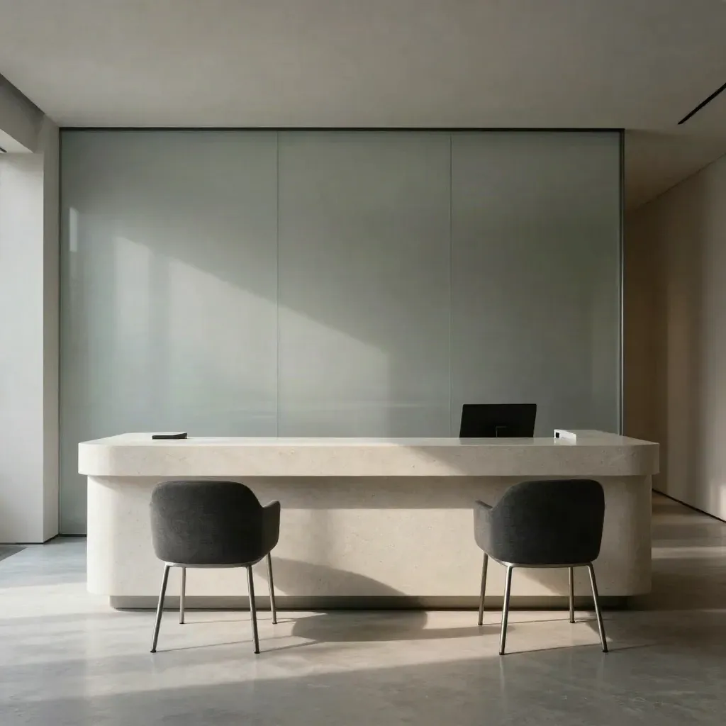 Minimalist clinic reception with frosted glass, white stone counter, and softly lit waiting chairs.