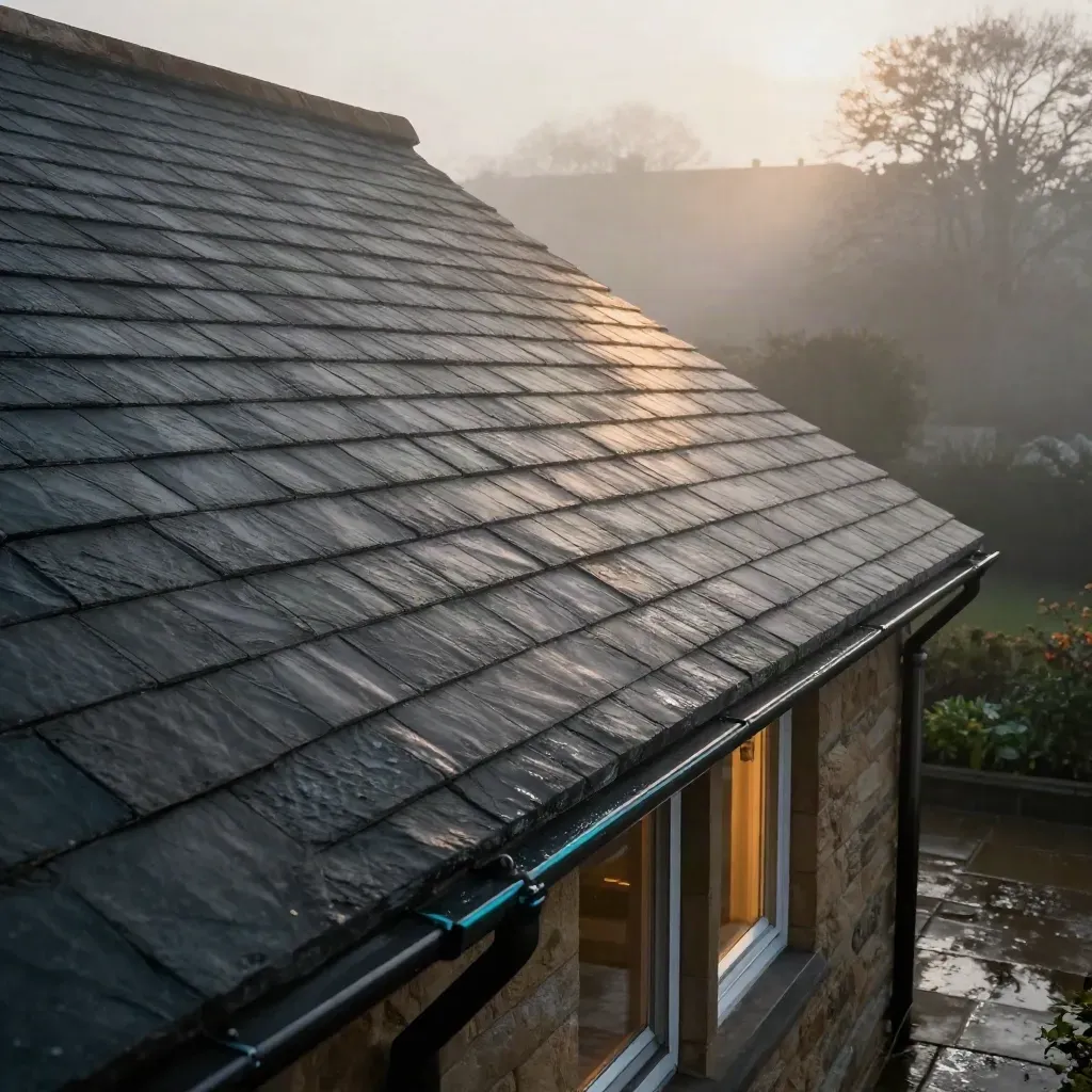 Street-level view of a finished slate roofline in morning mist with clean ridge caps.