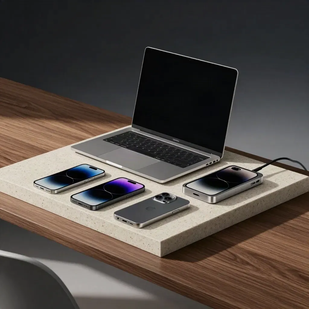 Closed laptop, two phones and aligned hardware samples on a pewter demo station in soft window light