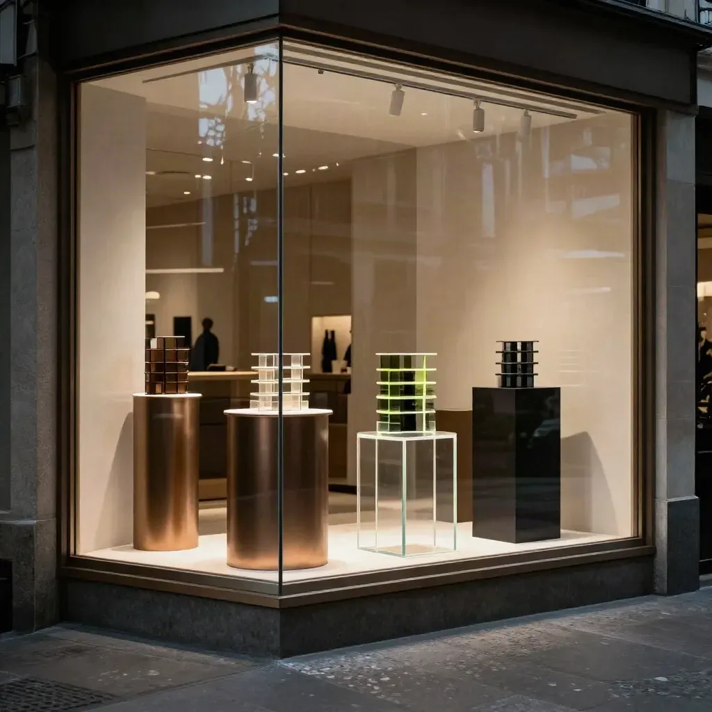 Low-angle boutique display with rotating acrylic stands and glowing plinths in a retail window.