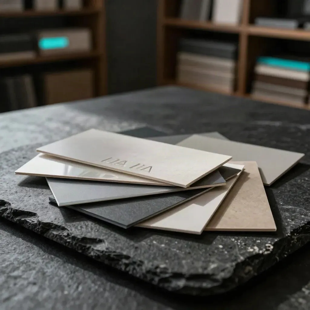 Macro still life of swatches, acrylic logo forms and matte finish samples on dark charcoal stone.