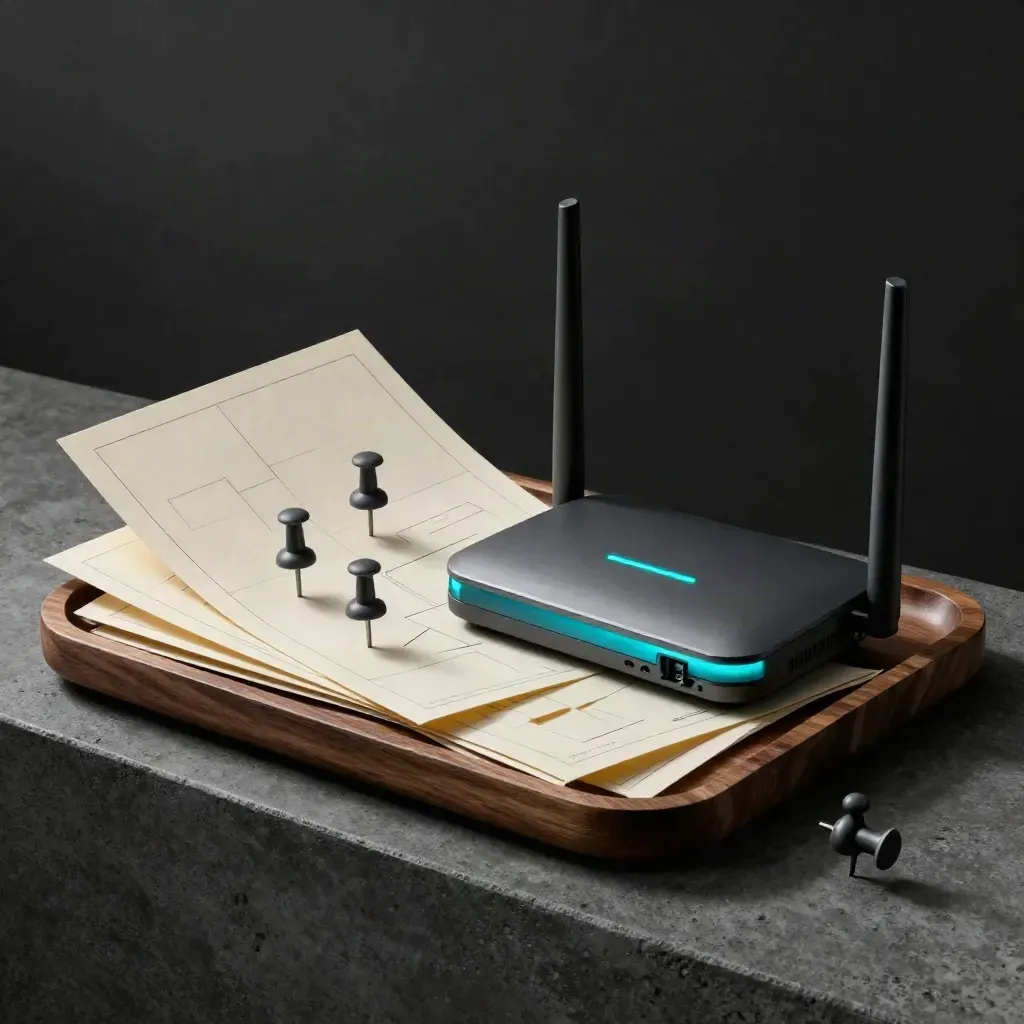 Dramatic SEO still life with location pins, sitemap cards and a router glow.