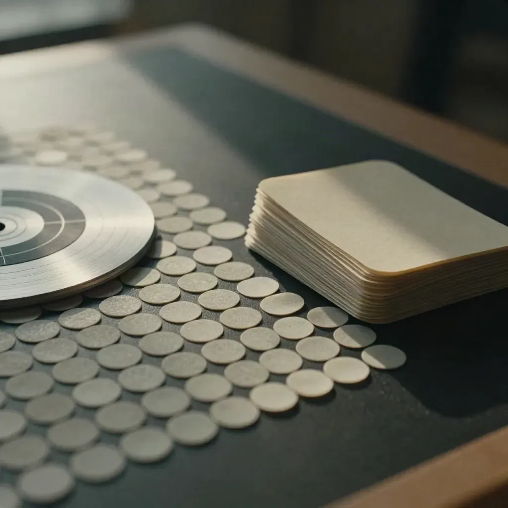 Macro of adhesive dots, a target disc and campaign markers on a dark planning surface.