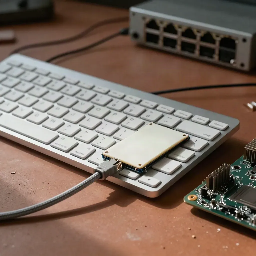 Macro still life of developer hardware on a terracotta workbench beside a network core.