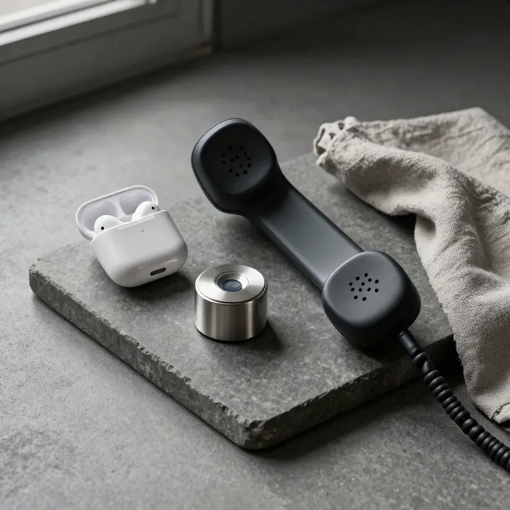 Matte handset, earbud case and silent timer on a stone tray with soft side light