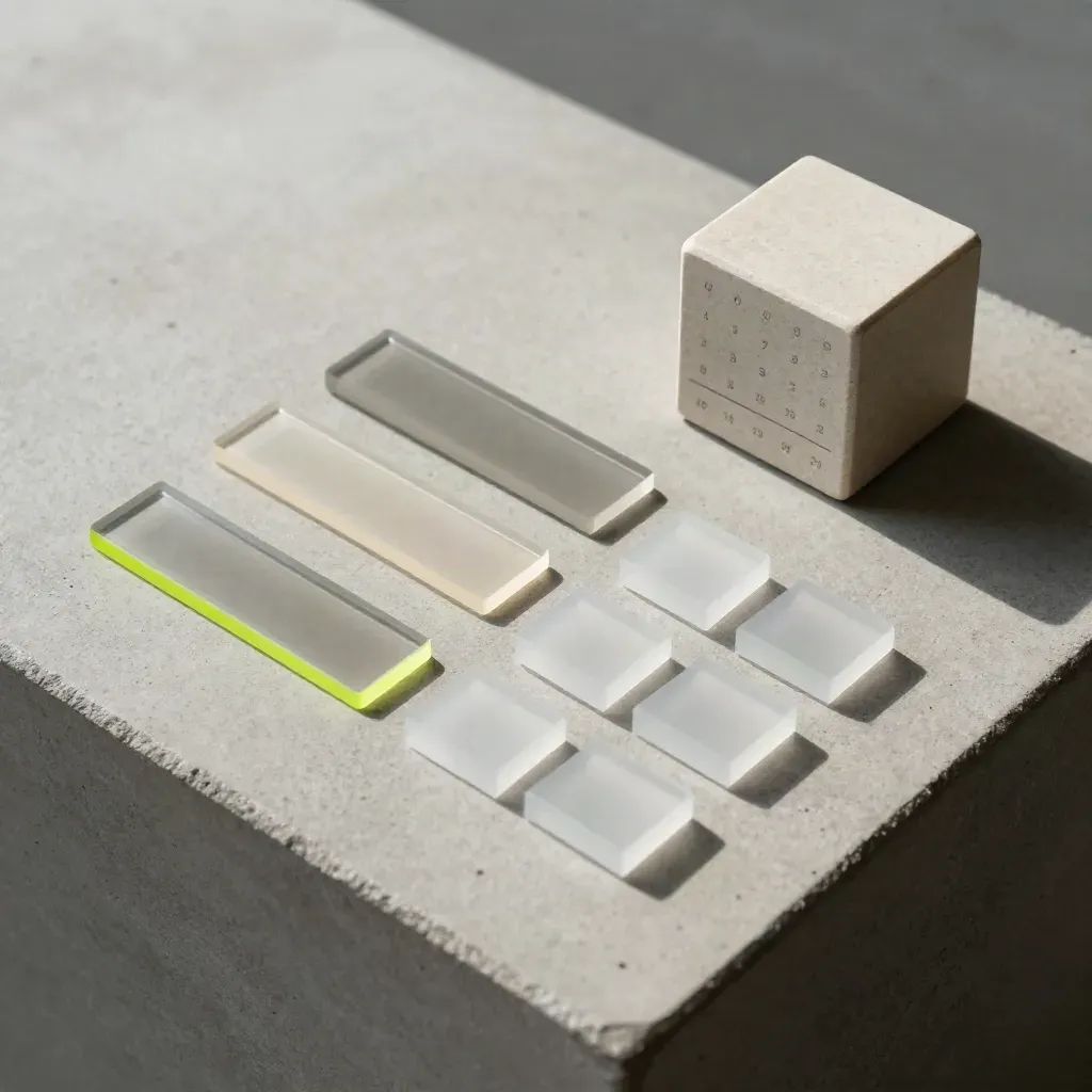 Overhead flatlay of acrylic tabs, a stone calendar cube and aligned blocks on pale concrete