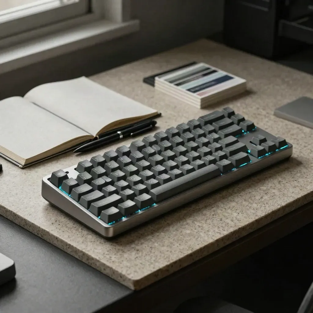 Mechanical keyboard, tablet, notebook and prototype cards on a plaster sweep with cyan glow.