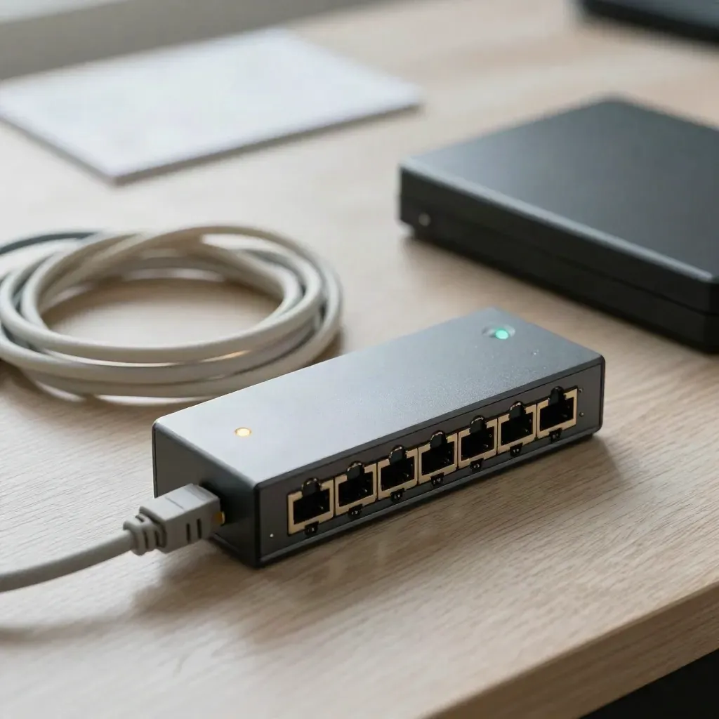 Ethernet switch, coiled cables, status lamp and backup drive on pale oak