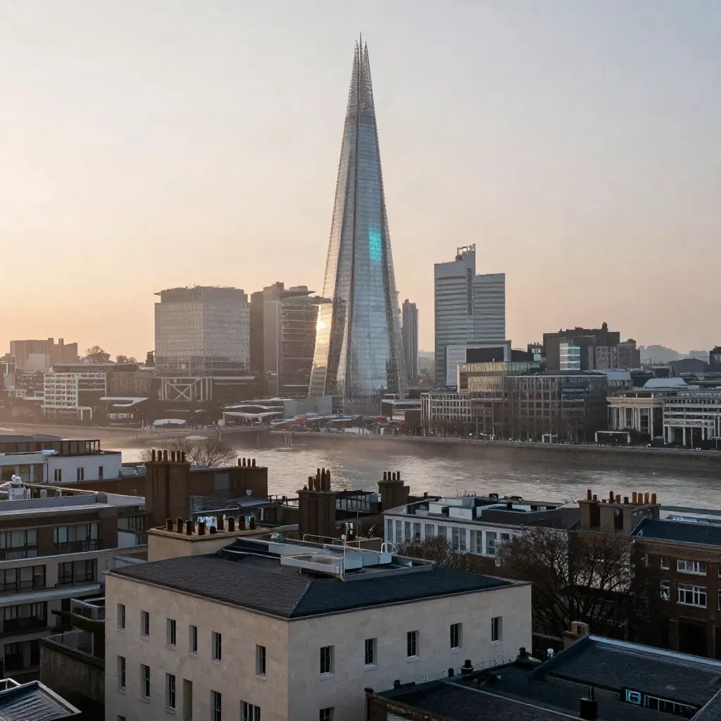 The Shard above hazy South Bank rooftops and the Thames at sunrise.