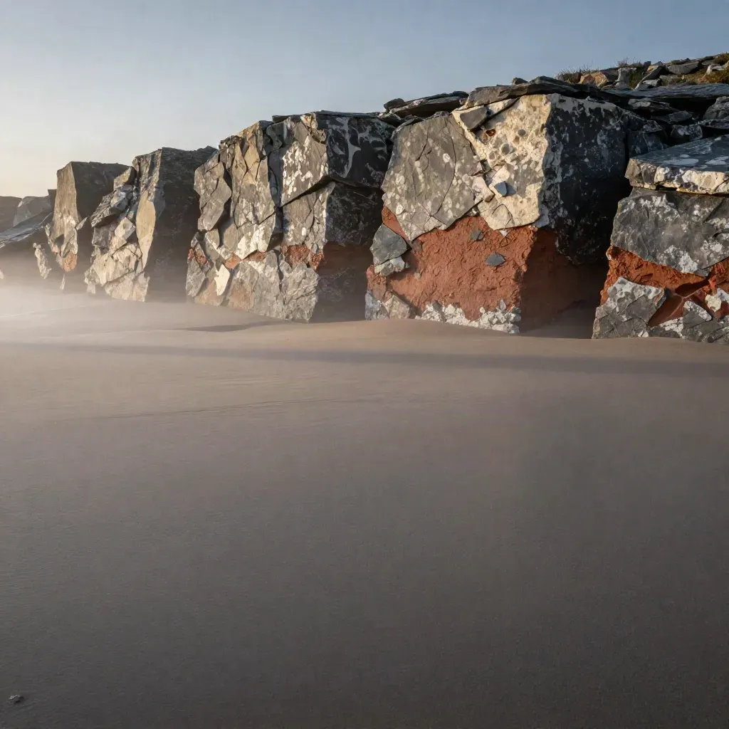 Weathered slate and limestone strata above a calm misty stone field at dawn