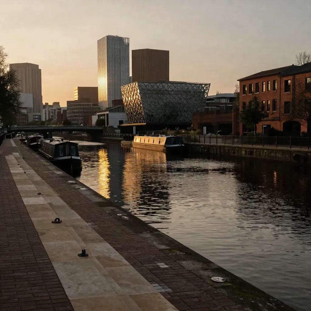 Birmingham canal basin and skyline at golden hour, still water, amber haze, Library high above