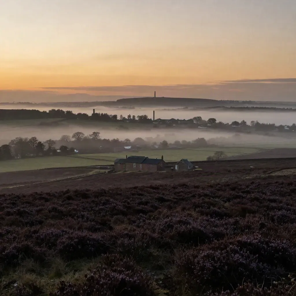 Misty North West skyline beyond a moorland edge at sunset, with brick roofs and towers.