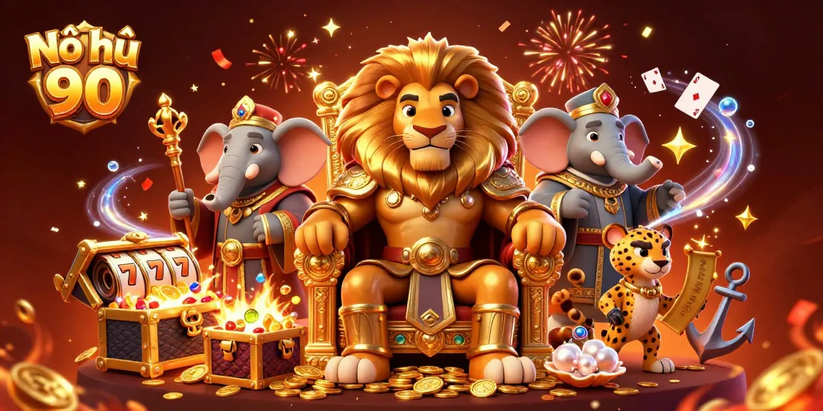 Nổ hũ 90 features a grand casino scene with a fierce lion king, an advisor, and a messenger celebrating a jackpot.