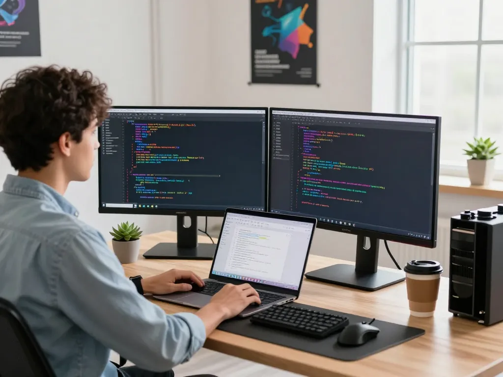 open claw personal AI assistant in a tech workspace with dual monitors and a coding environment