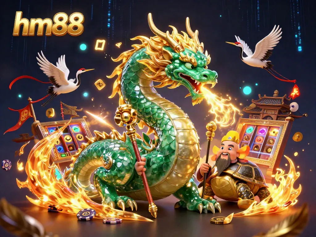 hm88 showcases a dynamic scene featuring a jade dragon, turtle sage, and lucky cranes amidst rich casino elements.