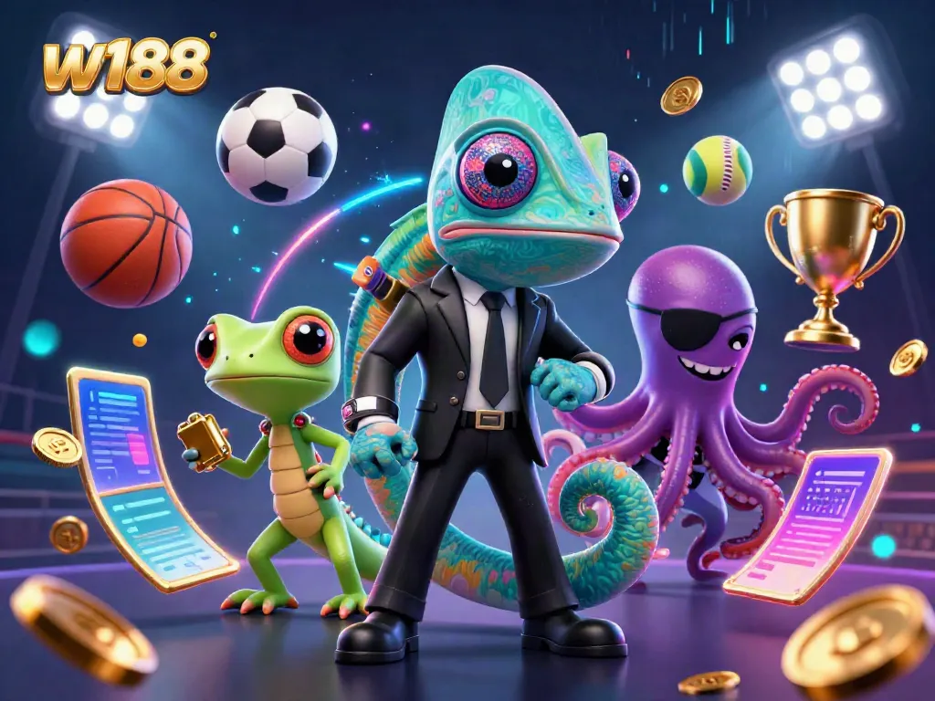 Experience thrilling betting action at w188 with dynamic sports and casino elements in an engaging 3D illustration.