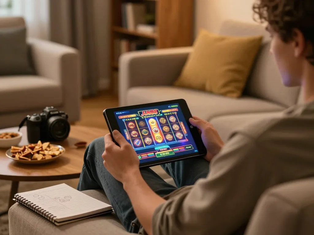 Player engaging in online gambling on Jun88 with tablet showing vibrant slots, cozy home setting.