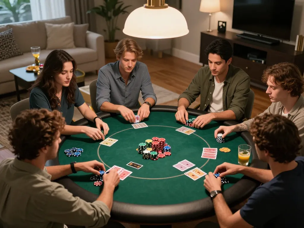 Social poker game night at home with friends playing at a round table featuring E2BET chips.