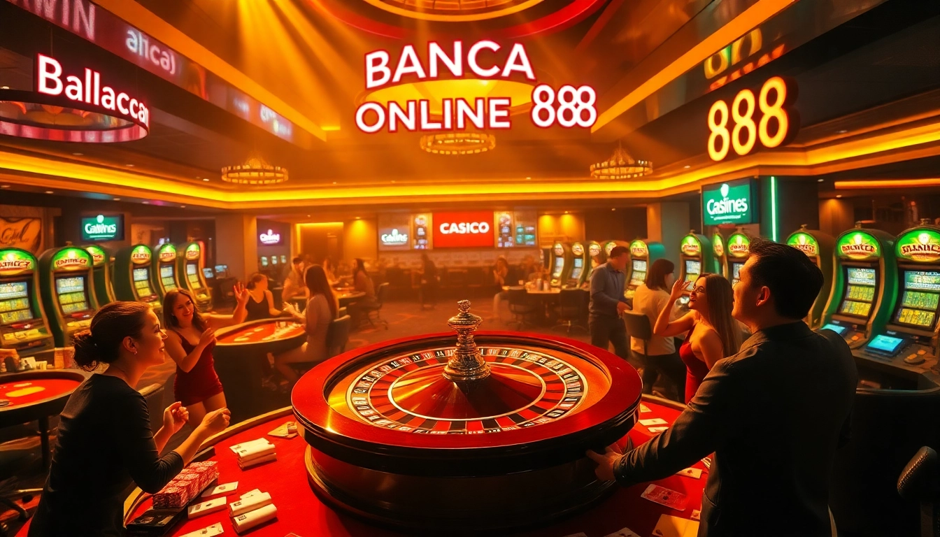 Exciting players celebrate wins at the Bancaonline88 casino, with roulette and games in action.