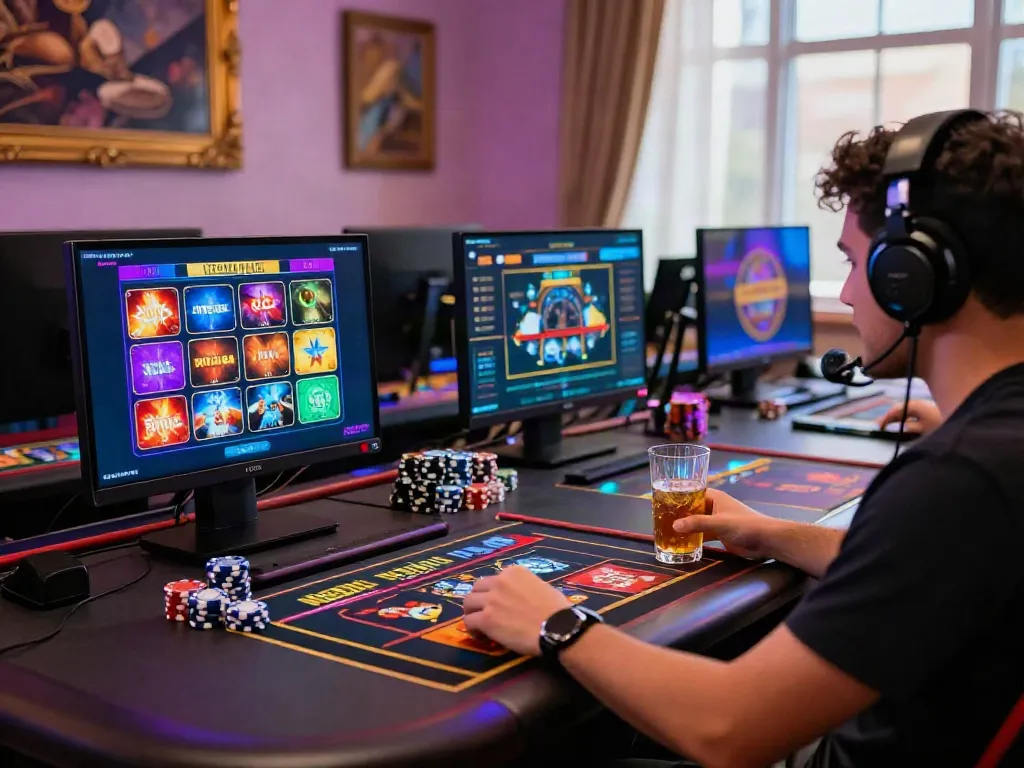 Engaging player exploring online credit card casinos on multiple screens in a vibrant gaming environment.