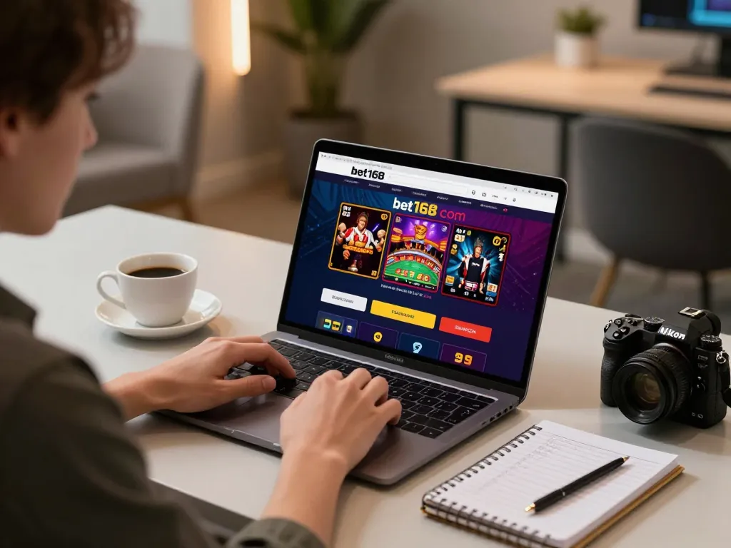Engaged player using bet168 com for online gambling strategy at a cozy desk