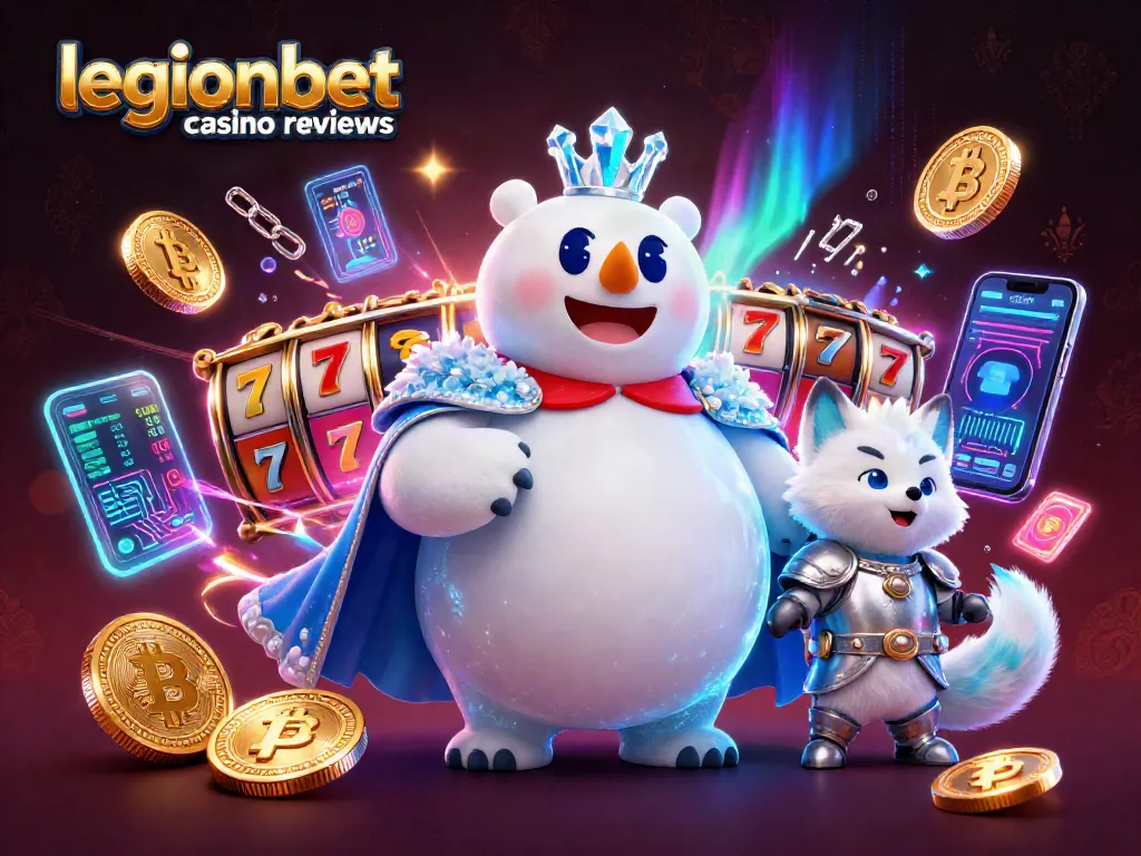 Visualize legionbet casino reviews in an electrifying 3D scene with a polar bear and a snow fox.