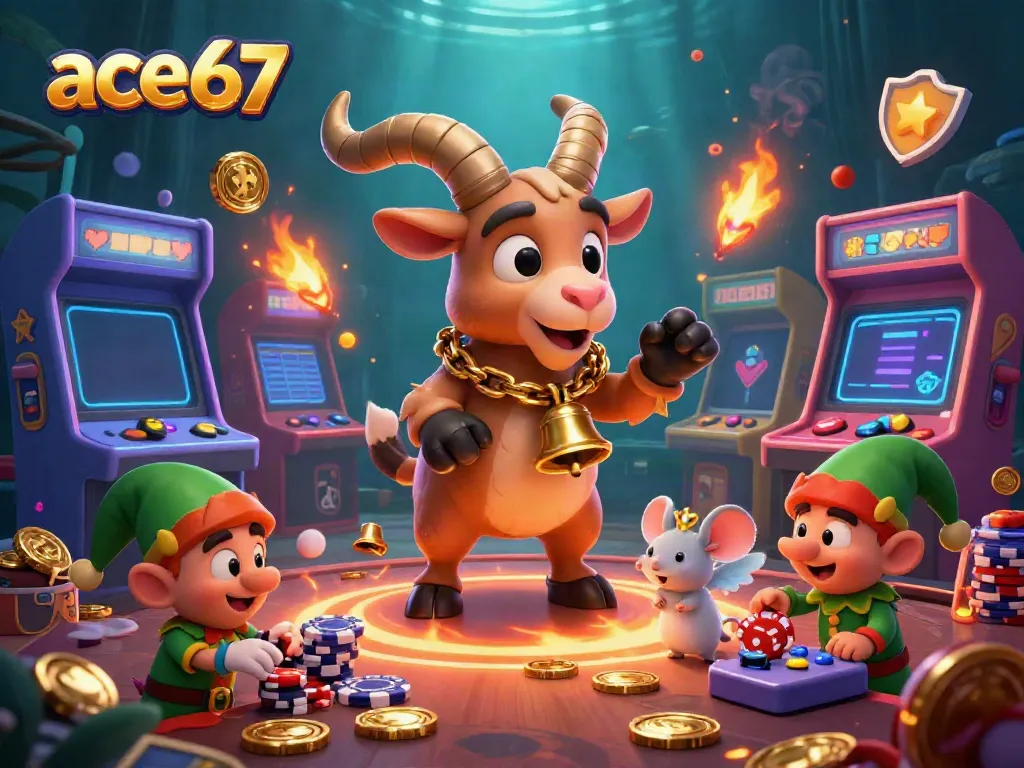 Experience the thrill at ace67's holiday casino with a Krampus goat, angel mouse, and elf gremlins amid gaming excitement.