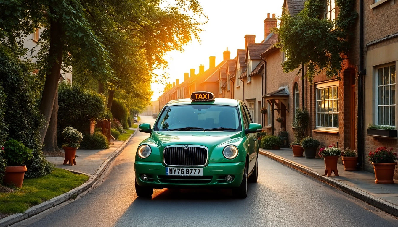 Experience Pyrford's charm with a vibrant taxi driving through a picturesque village.