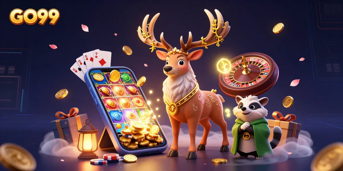 GO99 illuminates excitement with a vibrant 3D casino scene featuring animated characters and games.