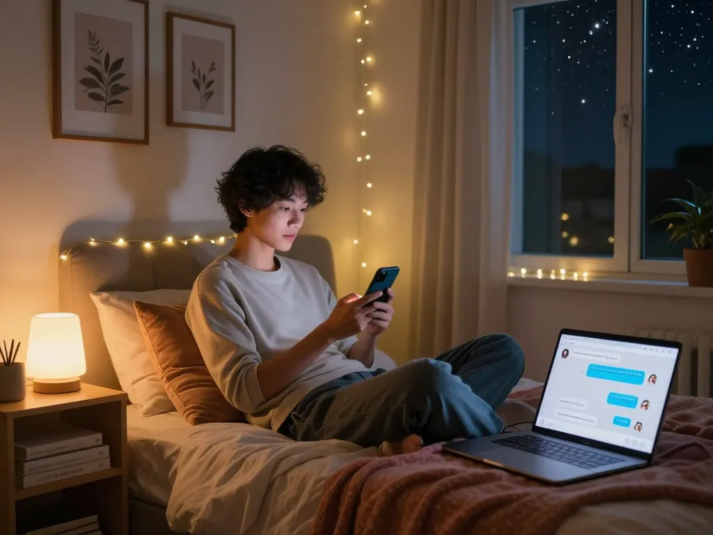 Engaging in sex chat ai through smartphone in a cozy bedroom.
