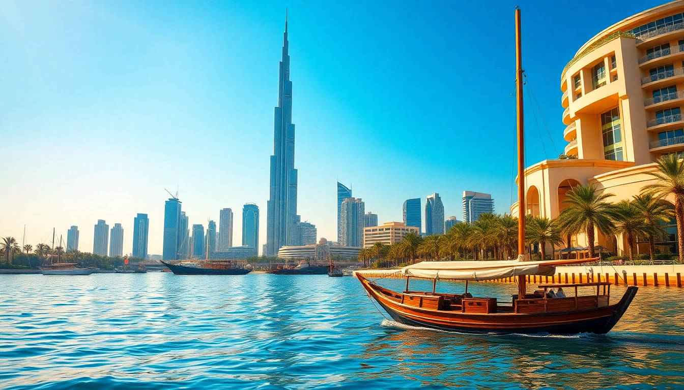 Experience the breathtaking skyline during travel to Dubai, featuring the Burj Khalifa and traditional dhow.