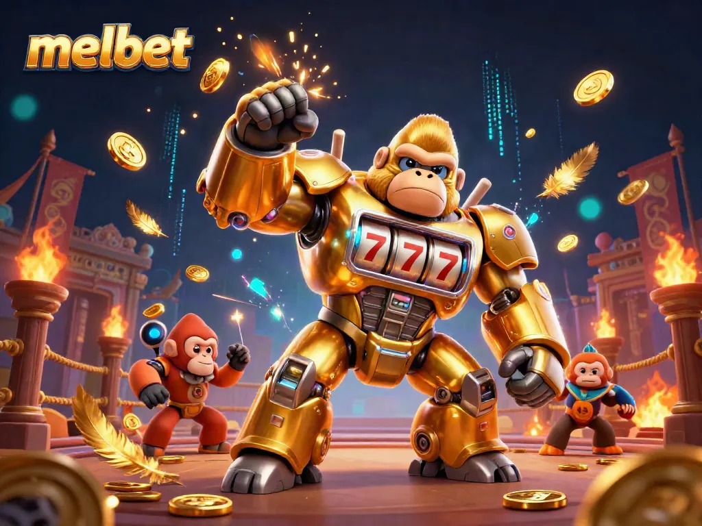 Engage in thrilling live betting action with melbet's dynamic casino scene featuring a golden gorilla mech.