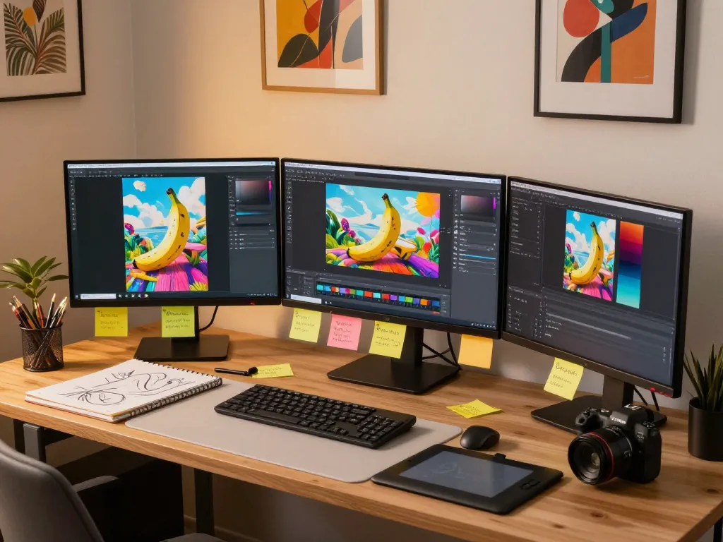 Designer using nano banana pro AI image editor in a vibrant creative workspace