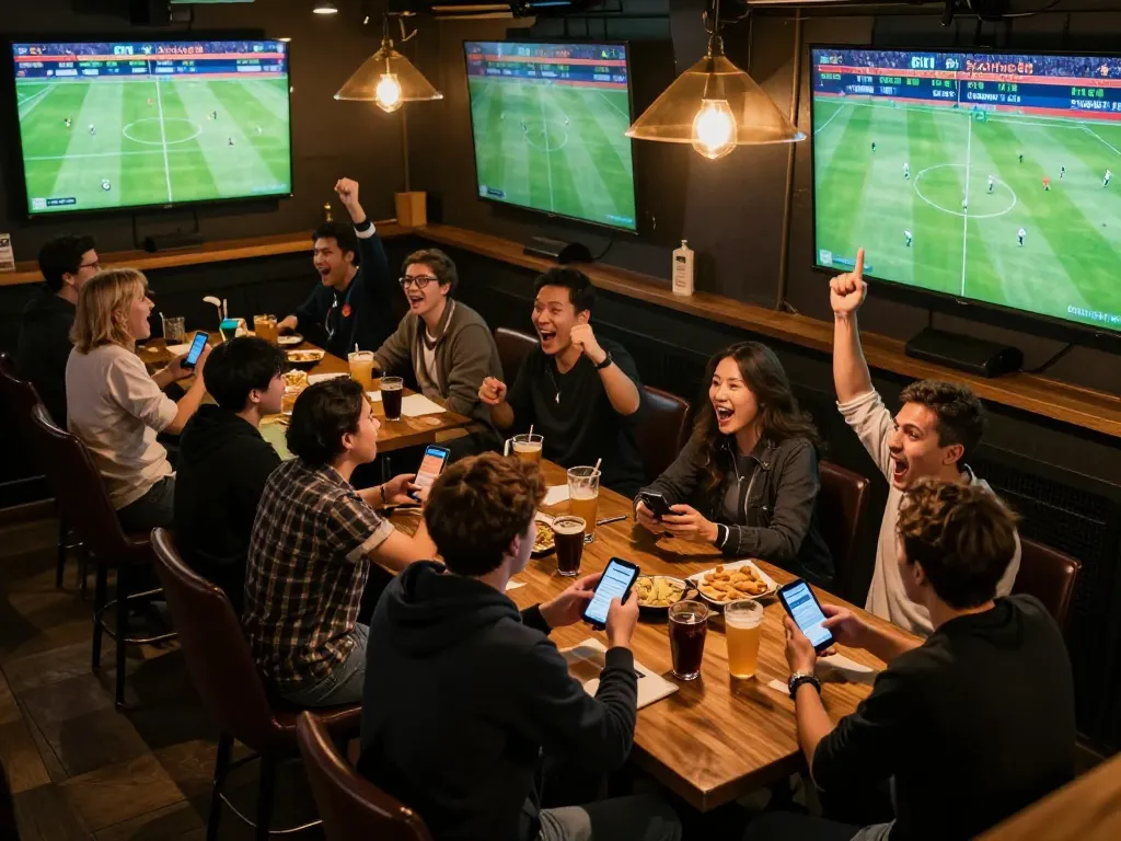 Socolive88 enthusiasts engaged in live soccer betting, celebrating victories in a lively sports bar atmosphere.