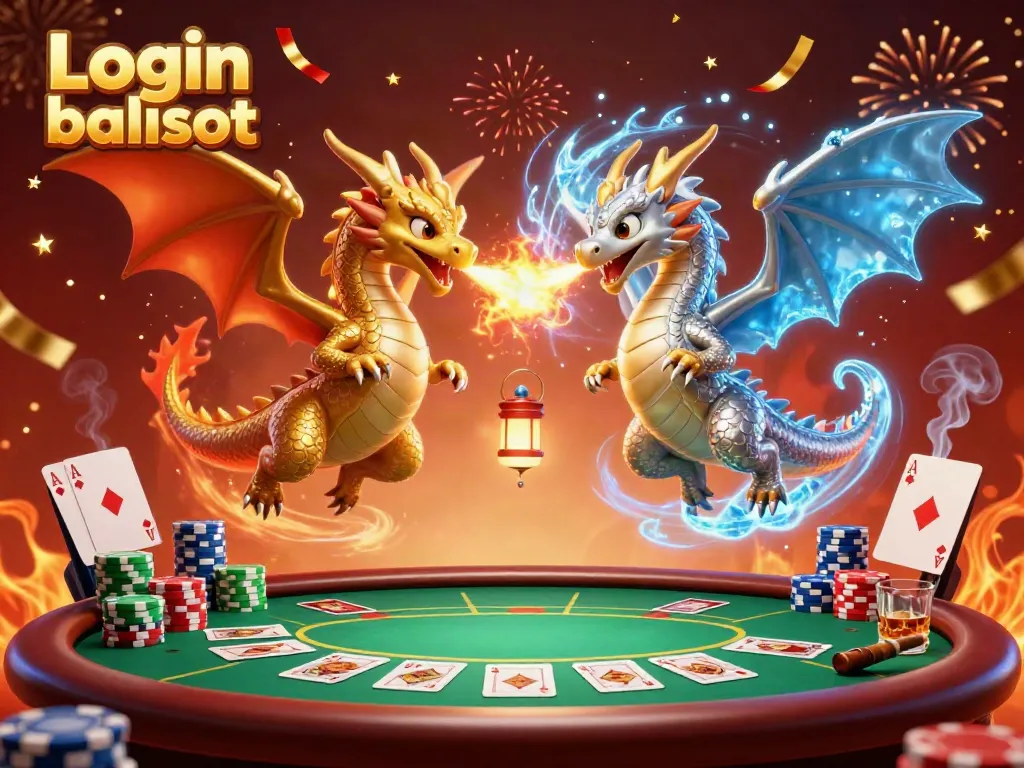 Experience the excitement of Login balislot with 3D dragons among poker elements in a vibrant casino scene.