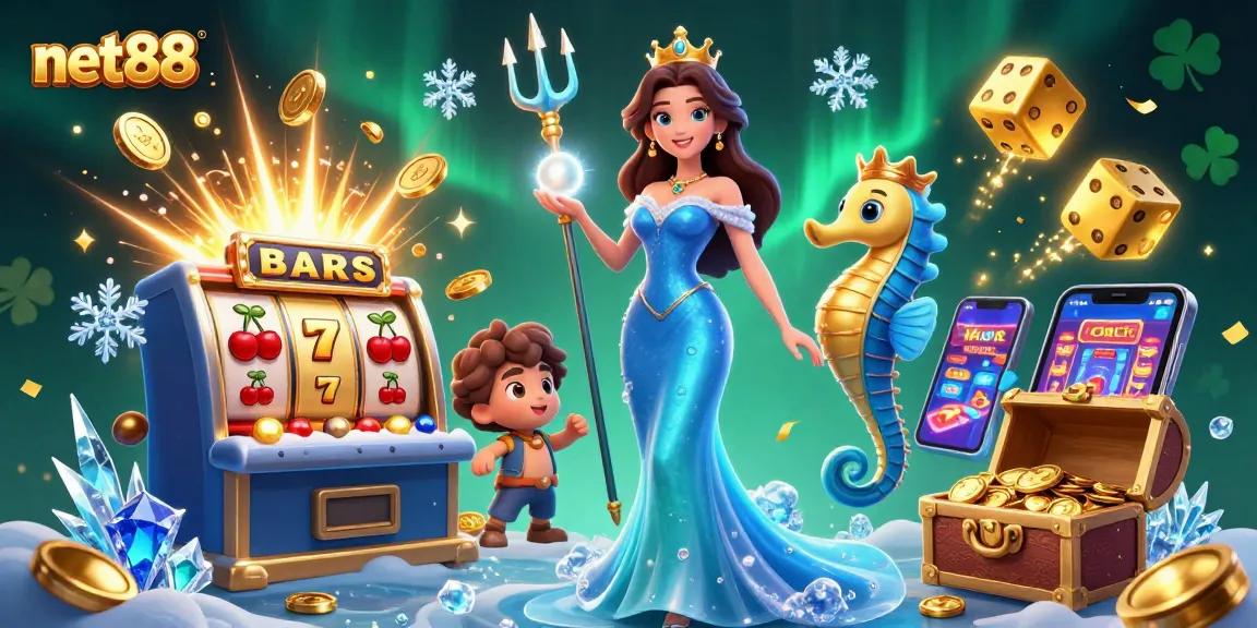 Experience the thrill of net88 with vibrant 3D illustration showcasing slots, jackpots, and underwater adventures.