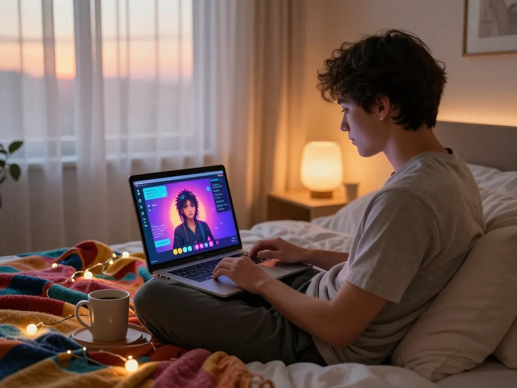 Engaged user exploring character ai nsfw in a cozy bedroom environment showcasing personalized digital interaction.