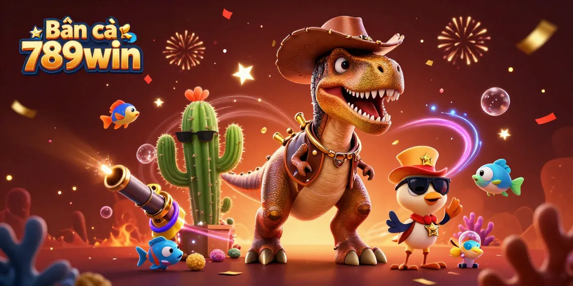 Engage with Bắn cá 789win featuring a cowboy T-Rex and underwater fishing elements.
