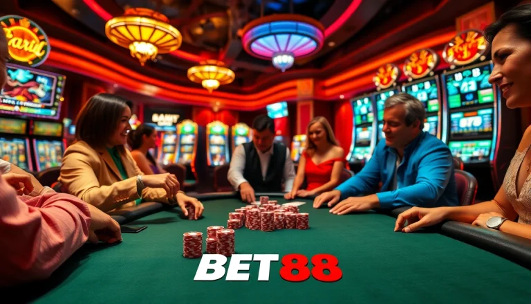 BET88 poker table scene with chips, cards, and excited players creating an engaging casino atmosphere.