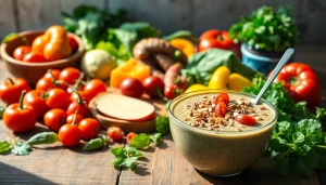 Colorful healthy food spread showcasing fresh fruits, vegetables, and a smoothie bowl for nutritious eating.