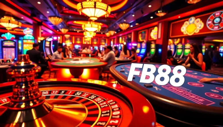 Experience the excitement of gambling at Trang Chủ FB88 with vibrant casino activities, featuring roulette wheels, poker tables, and slot machines.