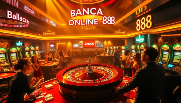 Exciting players celebrate wins at the Bancaonline88 casino, with roulette and games in action.