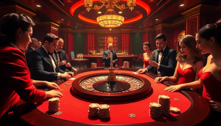 Experience the thrill of a live casino with high-stakes action, featuring 'link vào 69VN' at an elegant roulette table.