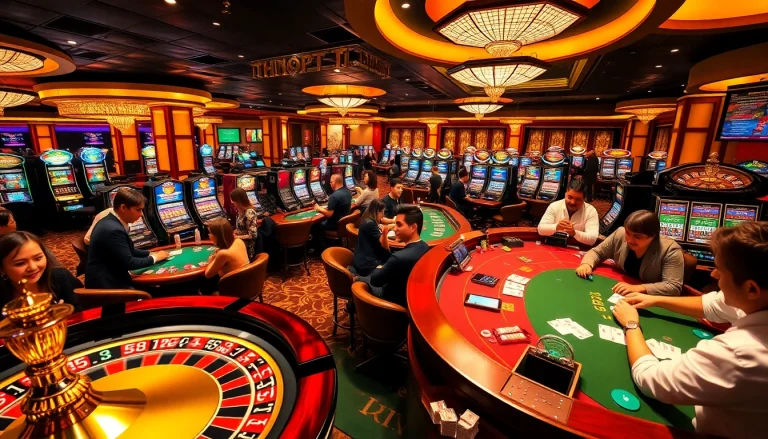 Casino players enjoying games at thabet77 with roulette, slots, and poker tables.