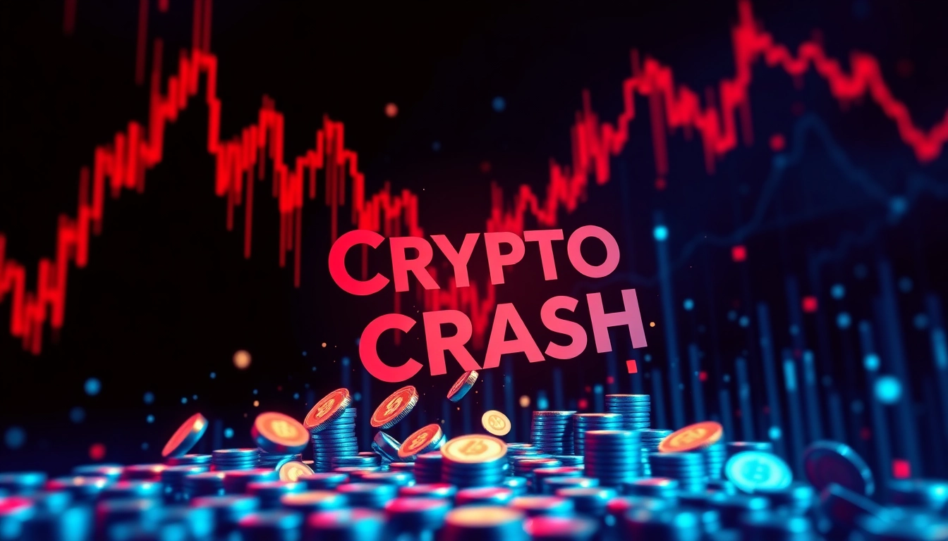 Visual representation of a crypto crash showcasing falling coins and declining graphs.
