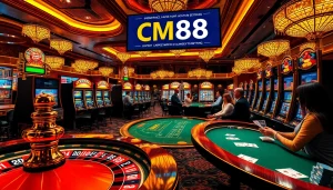 Experience CM88's thrilling casino atmosphere with slot machines, poker chips, and live bets.