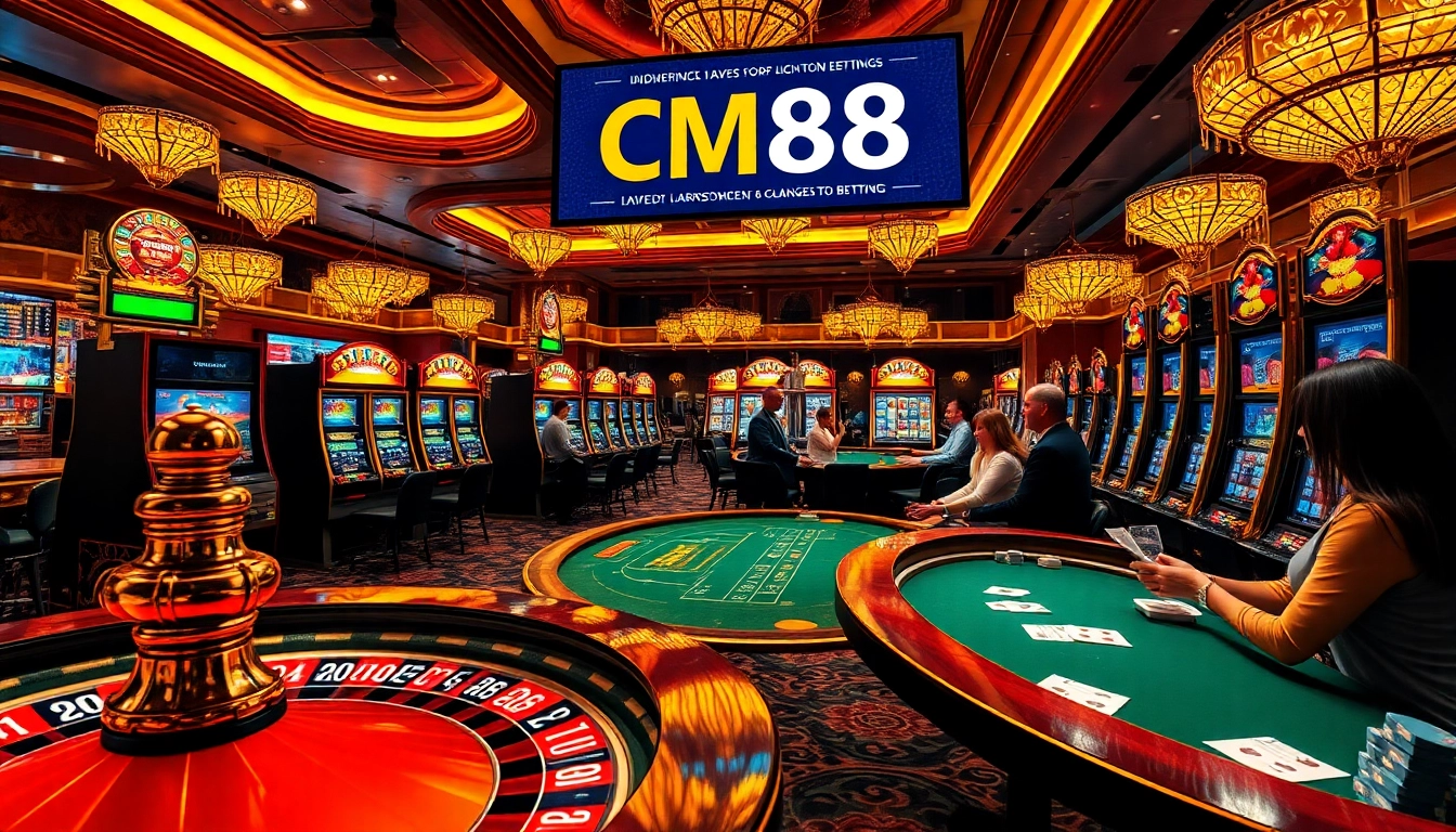 Experience CM88's thrilling casino atmosphere with slot machines, poker chips, and live bets.